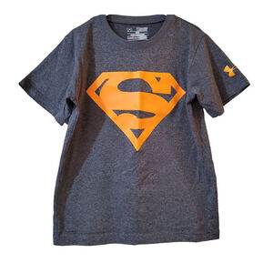 Under Armour Boys Loose Heat Gear Tee Size YXS Gray Orange Superman Logo Shirt